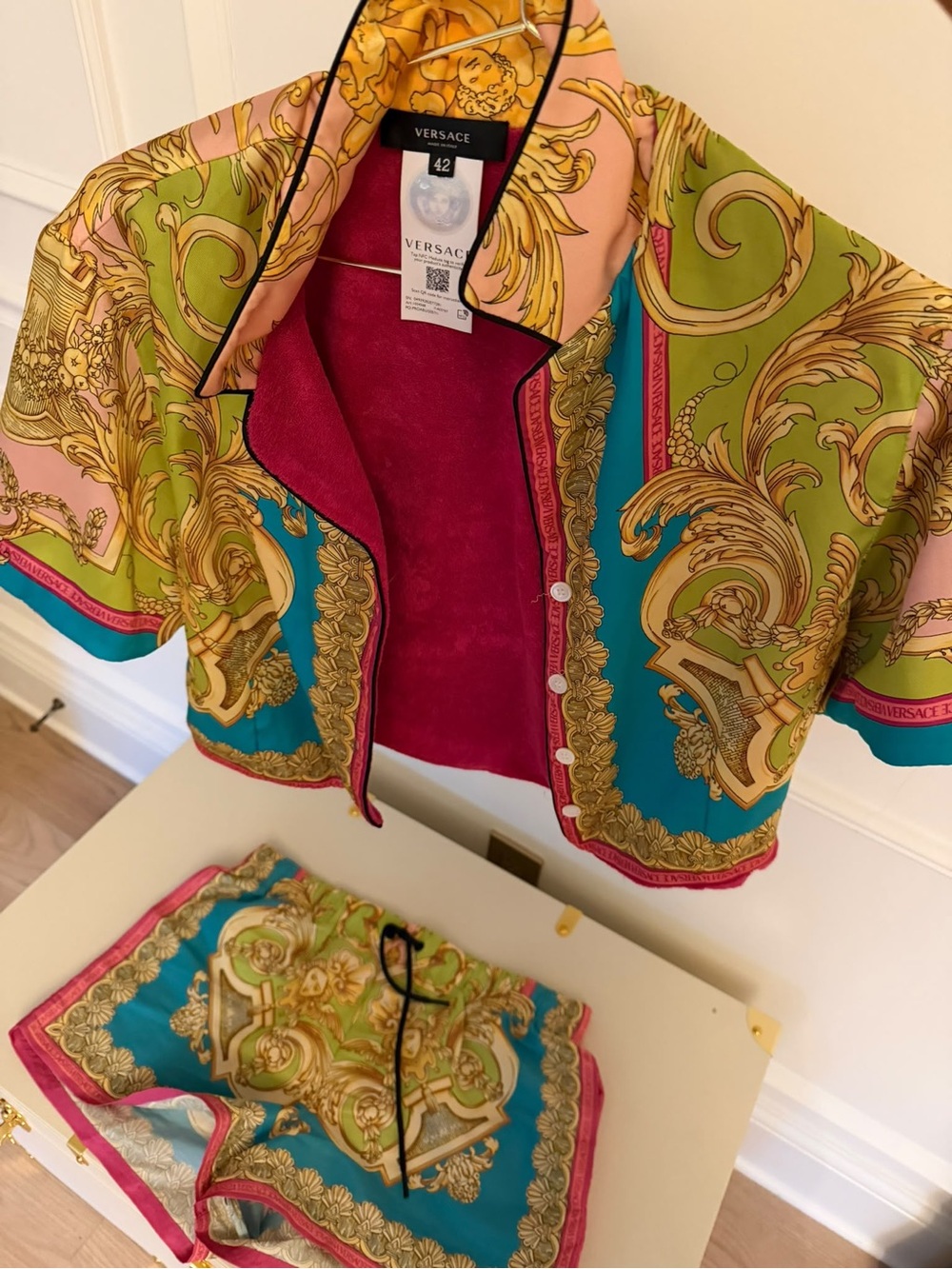 Versace Multicolor Baroque Cropped Silk Blazer — Teal Pink Green Gold